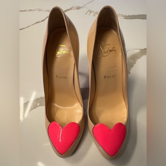 Christian Louboutin Nude with Neon Pink Heart Pumps - SZ 37 - Picture 1 of 8